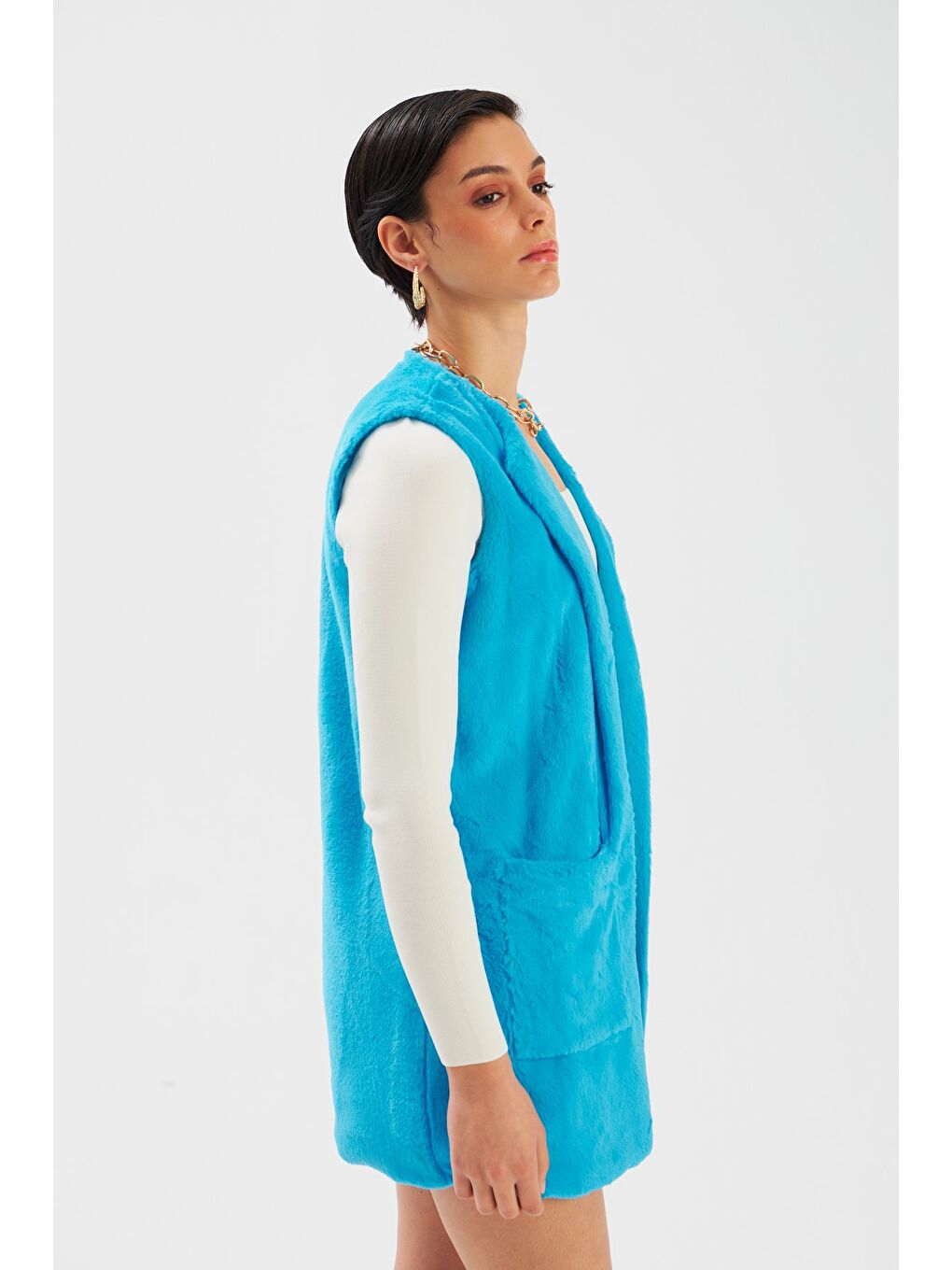 Cep Detaylı Pelüş Yelek   Mavi-2