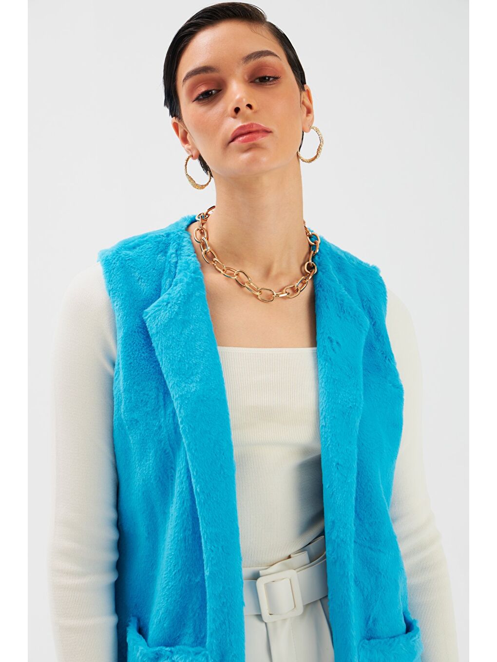 Cep Detaylı Pelüş Yelek   Mavi-3