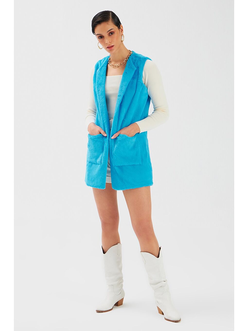 Cep Detaylı Pelüş Yelek   Mavi-4