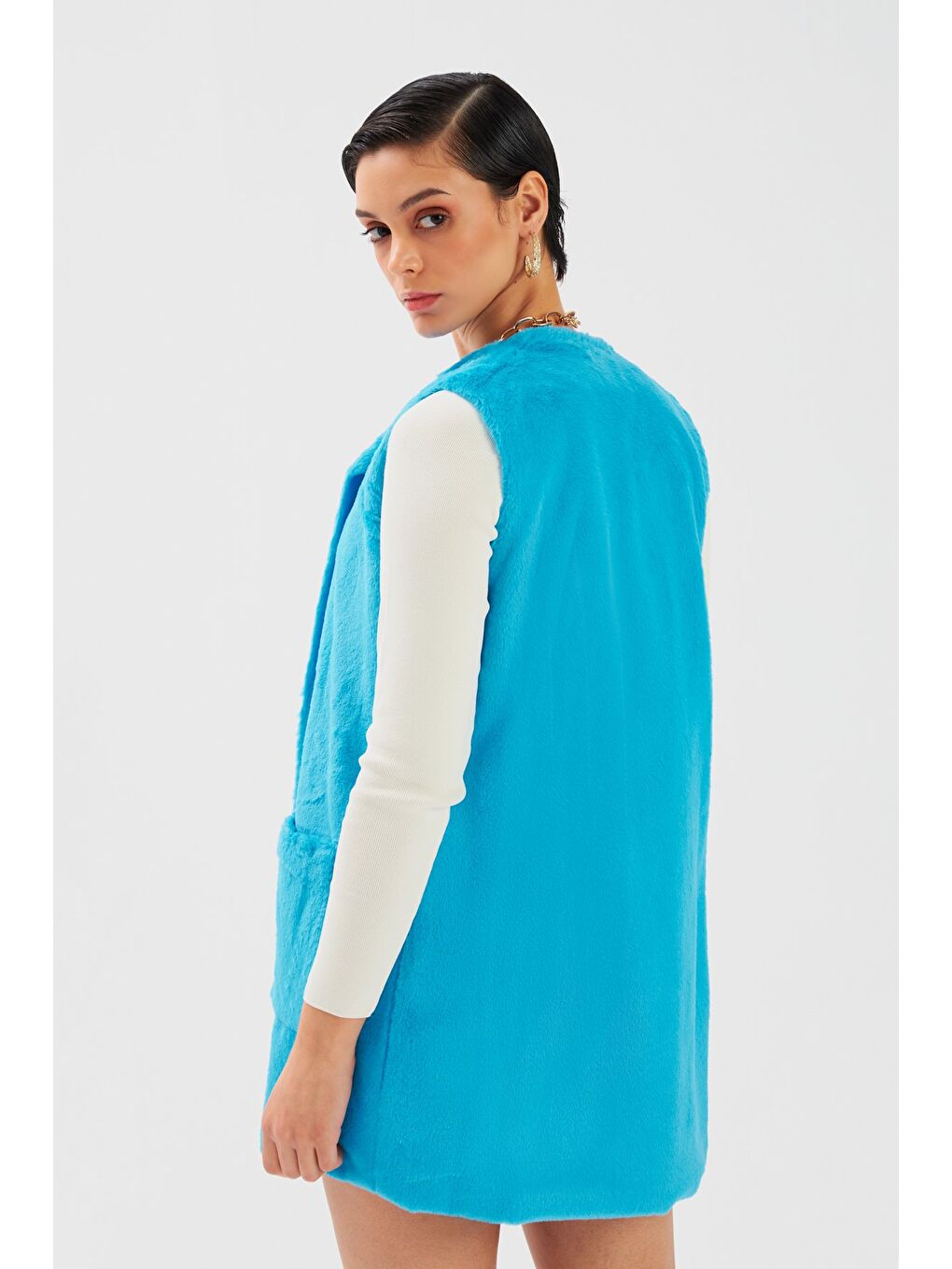 Cep Detaylı Pelüş Yelek   Mavi-5