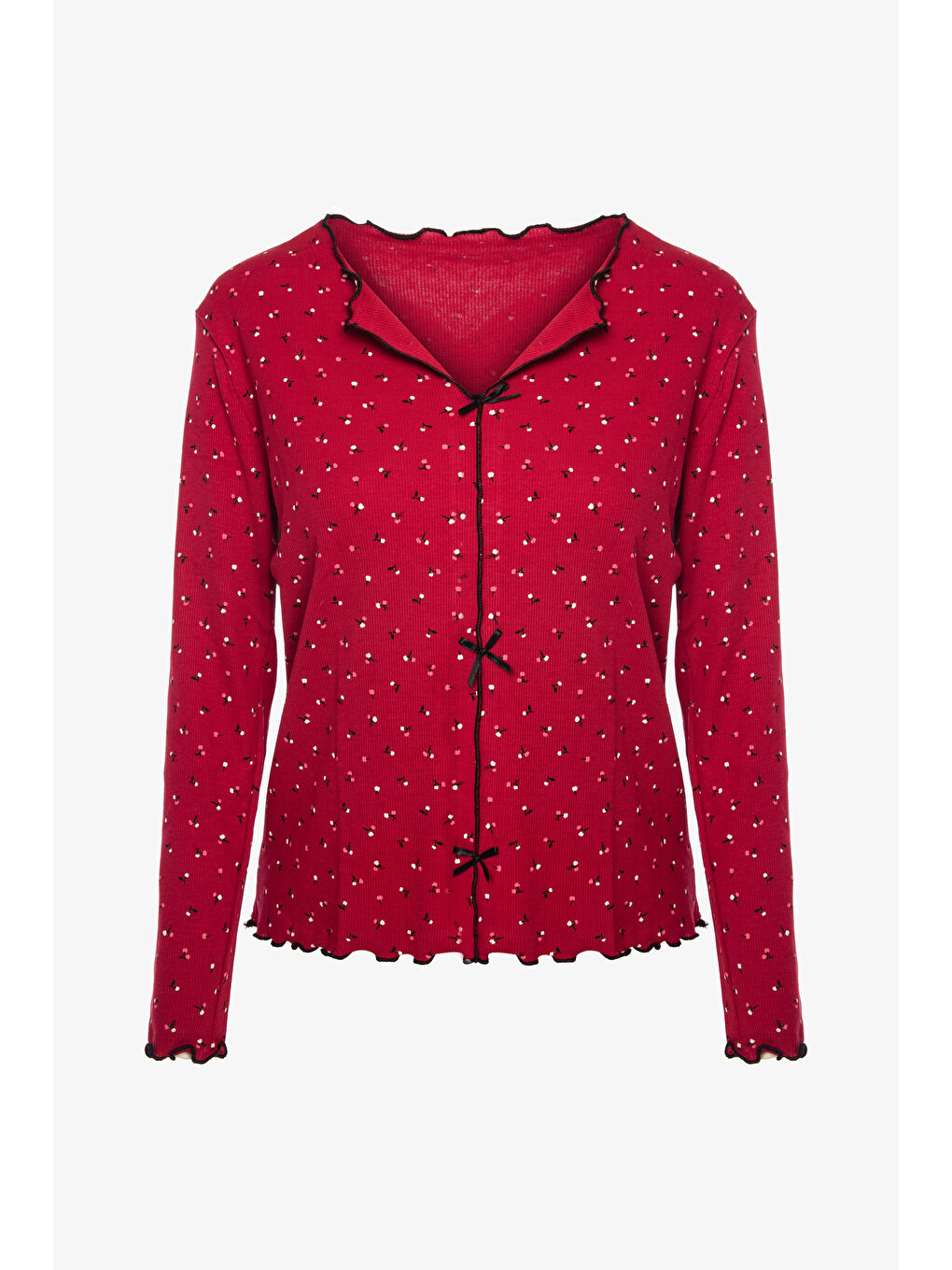 Bordo Kadın Pamuklu Çıtır Çiçek Desenli Baby Overloklu Fiyonklu Uzun Kollu Pijama Takımı-1