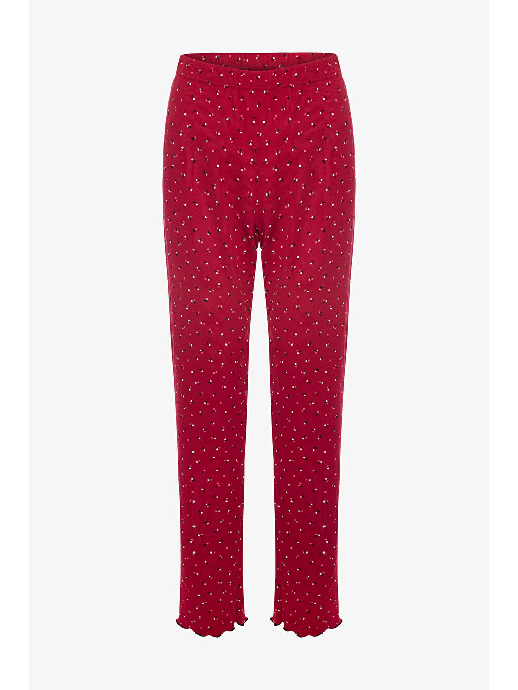 Bordo Kadın Pamuklu Çıtır Çiçek Desenli Baby Overloklu Fiyonklu Uzun Kollu Pijama Takımı-2