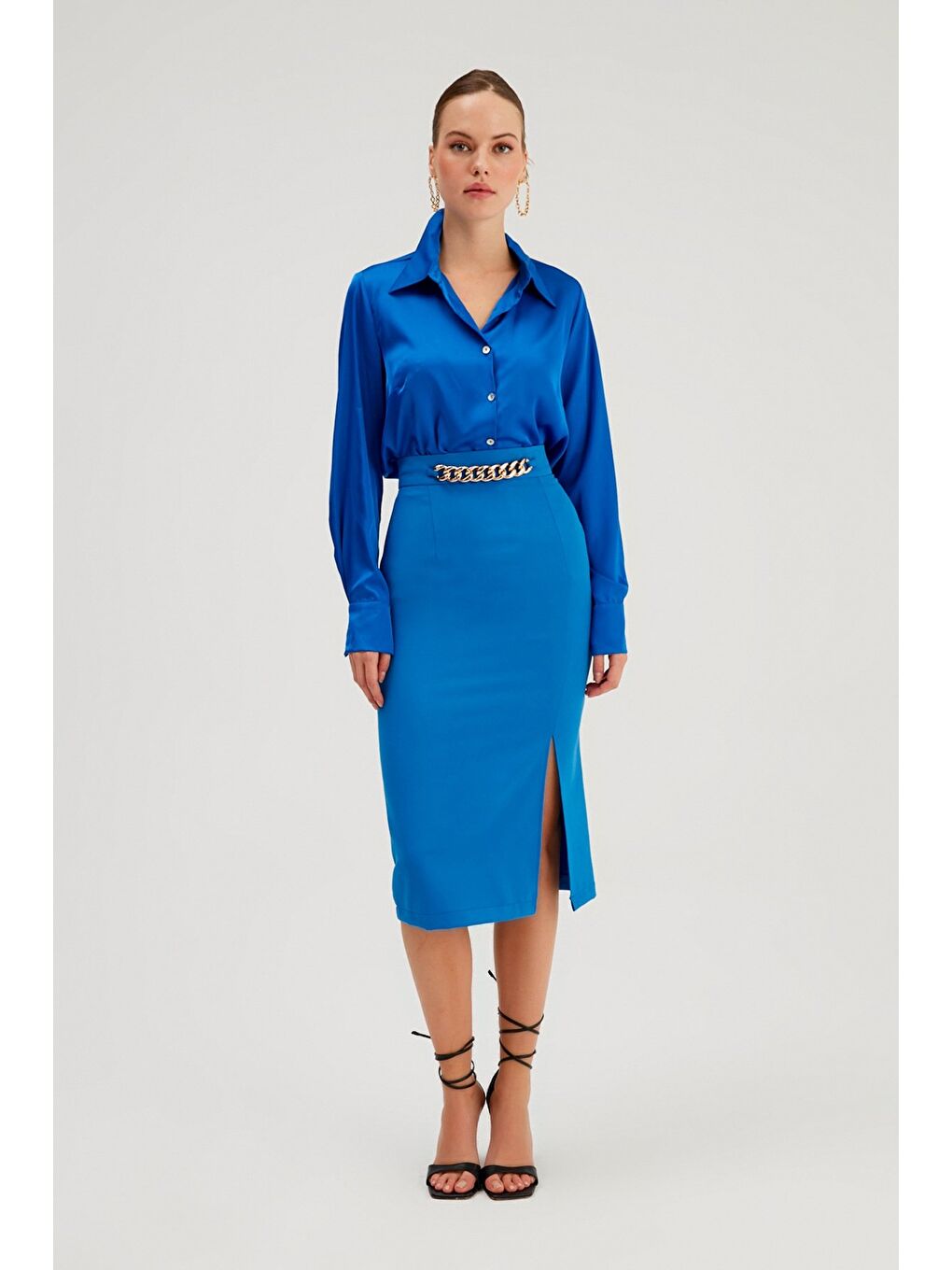 Zincir Detaylı Kalem Etek - Sax Mavi-1