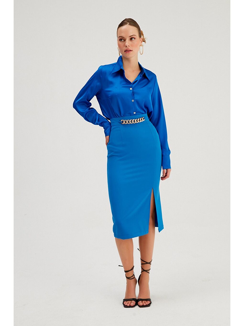 Zincir Detaylı Kalem Etek - Sax Mavi-2