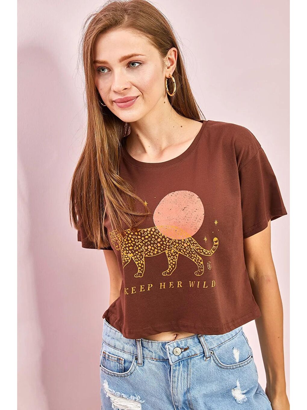 Kahverengi Kadın Baskılı Crop Tshirt