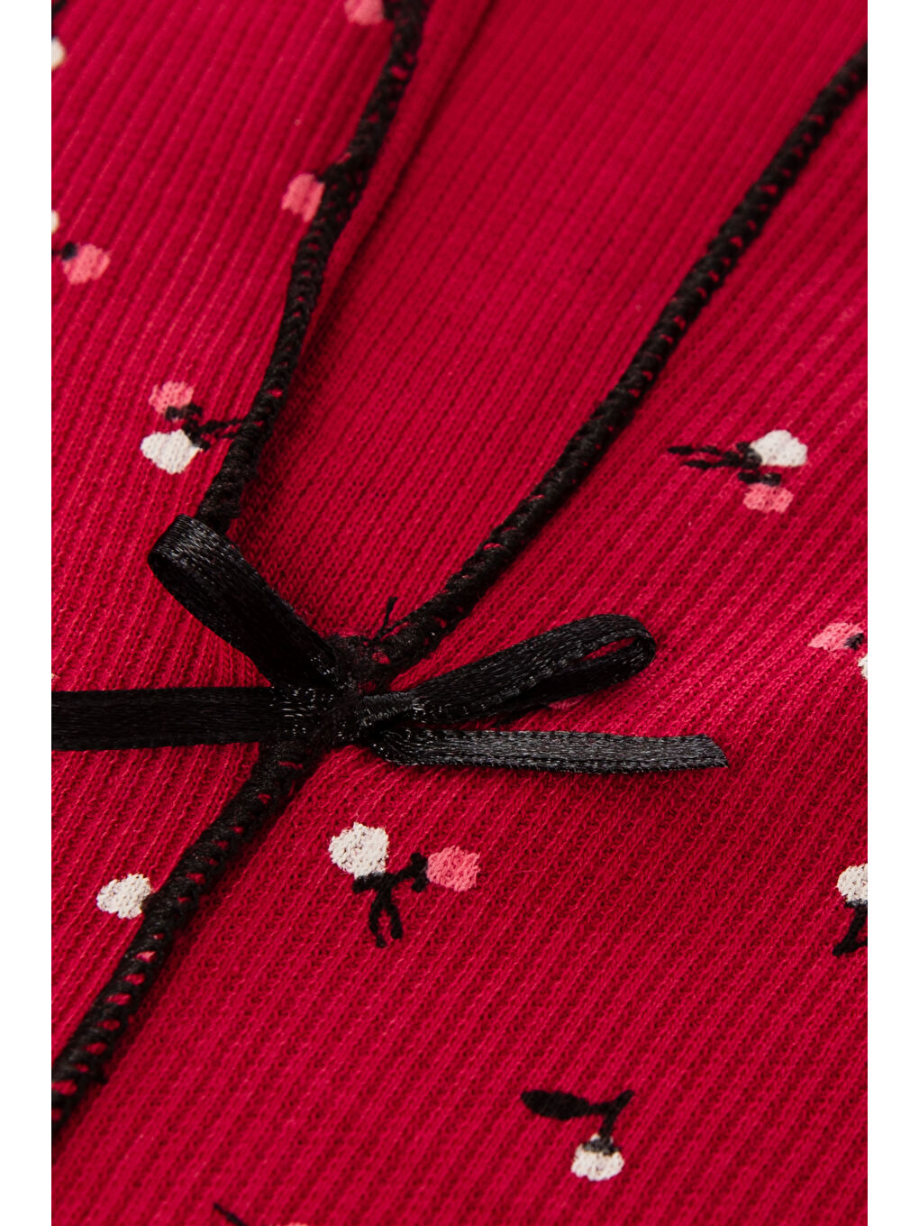 Bordo Kadın Pamuklu Çıtır Çiçek Desenli Baby Overloklu Fiyonklu Uzun Kollu Pijama Takımı-3