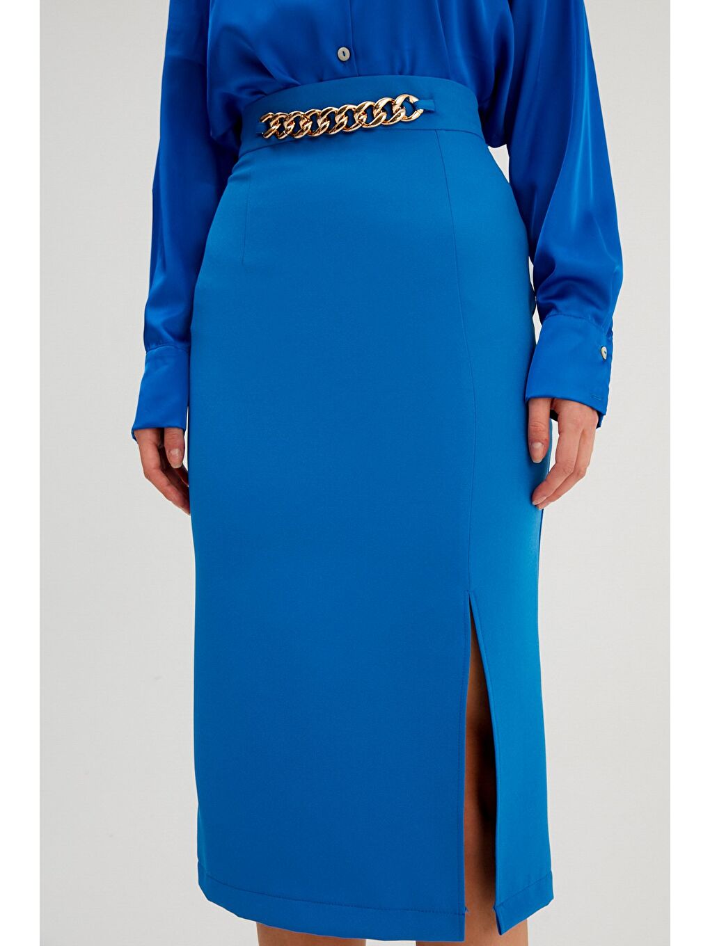 Zincir Detaylı Kalem Etek - Sax Mavi-4