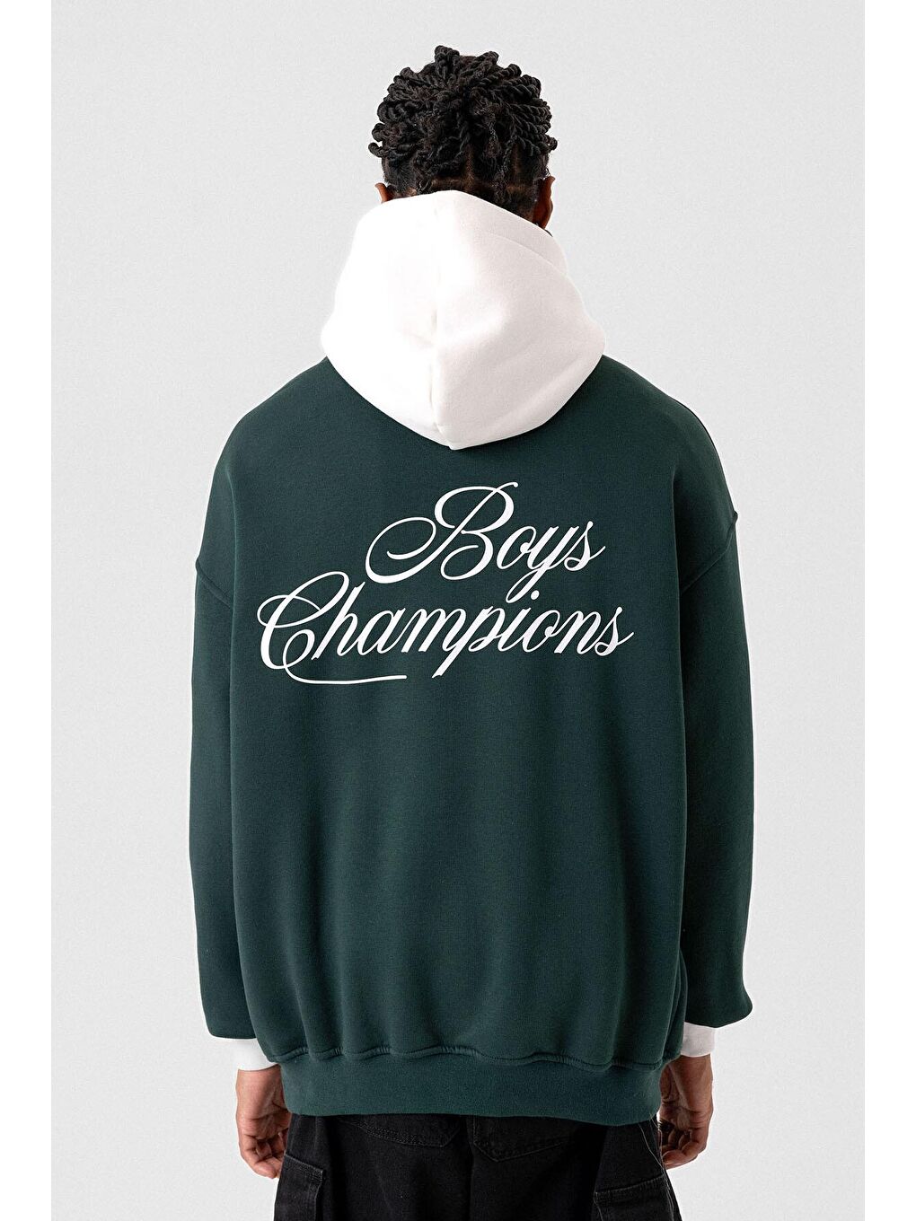 Yeşil Yazı Detaylı Oversize Kapüşonlu Erkek Hoodie Nefti-2