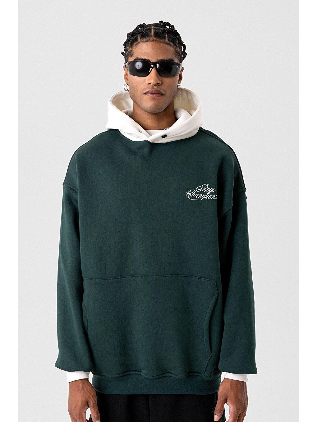 Yeşil Yazı Detaylı Oversize Kapüşonlu Erkek Hoodie Nefti-3