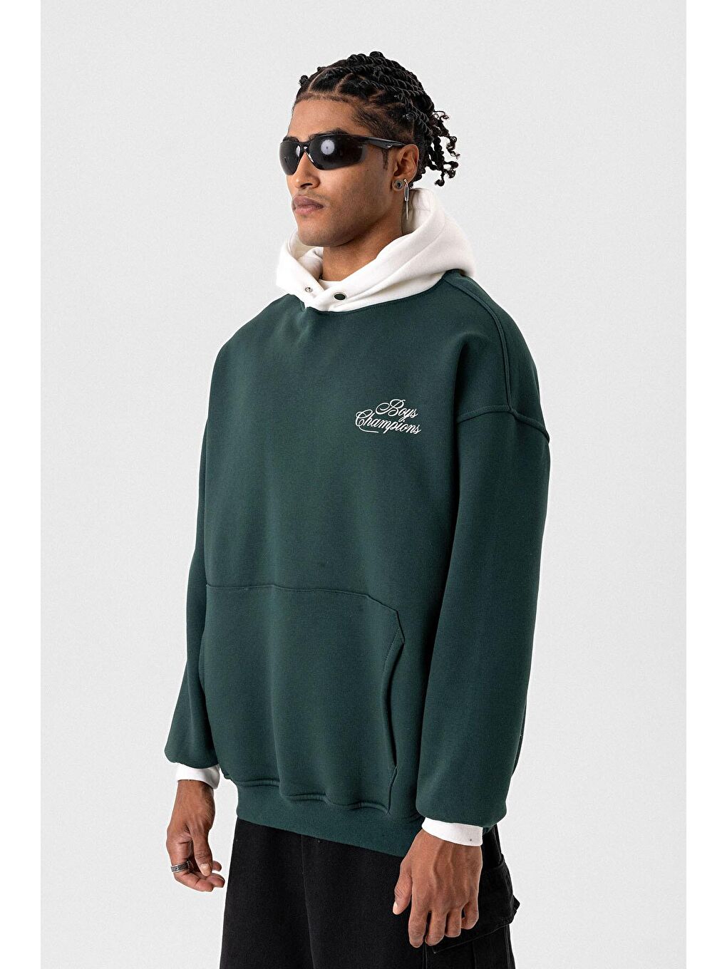 Yeşil Yazı Detaylı Oversize Kapüşonlu Erkek Hoodie Nefti-4