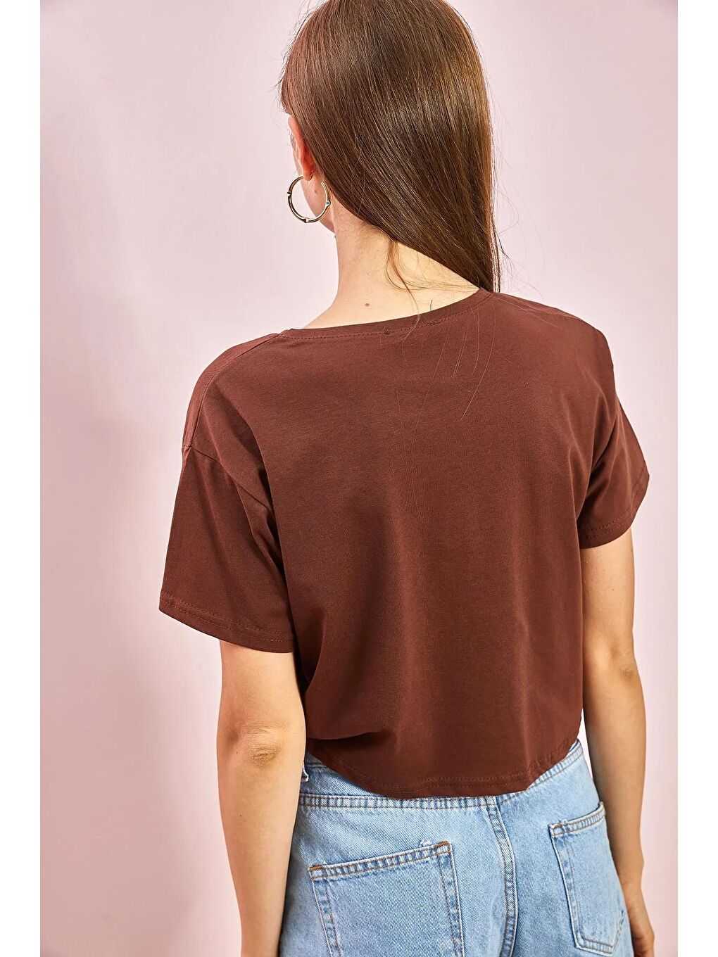 Kahverengi Kadın Baskılı Crop Tshirt-3