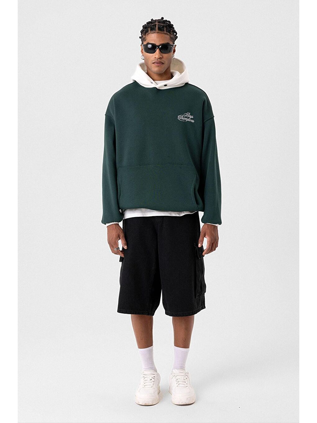 Yeşil Yazı Detaylı Oversize Kapüşonlu Erkek Hoodie Nefti-5