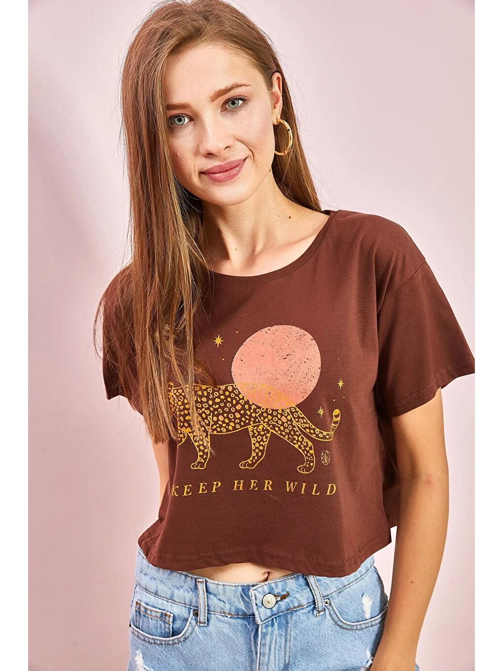 Kahverengi Kadın Baskılı Crop Tshirt-1