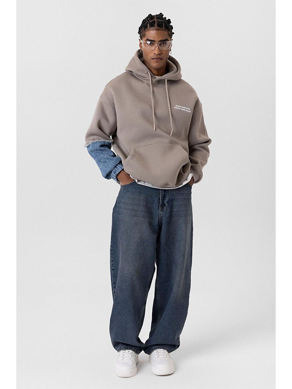 Bej Kapüşonlu Kol Detaylı Oversize Erkek Hoodie Vizon-3