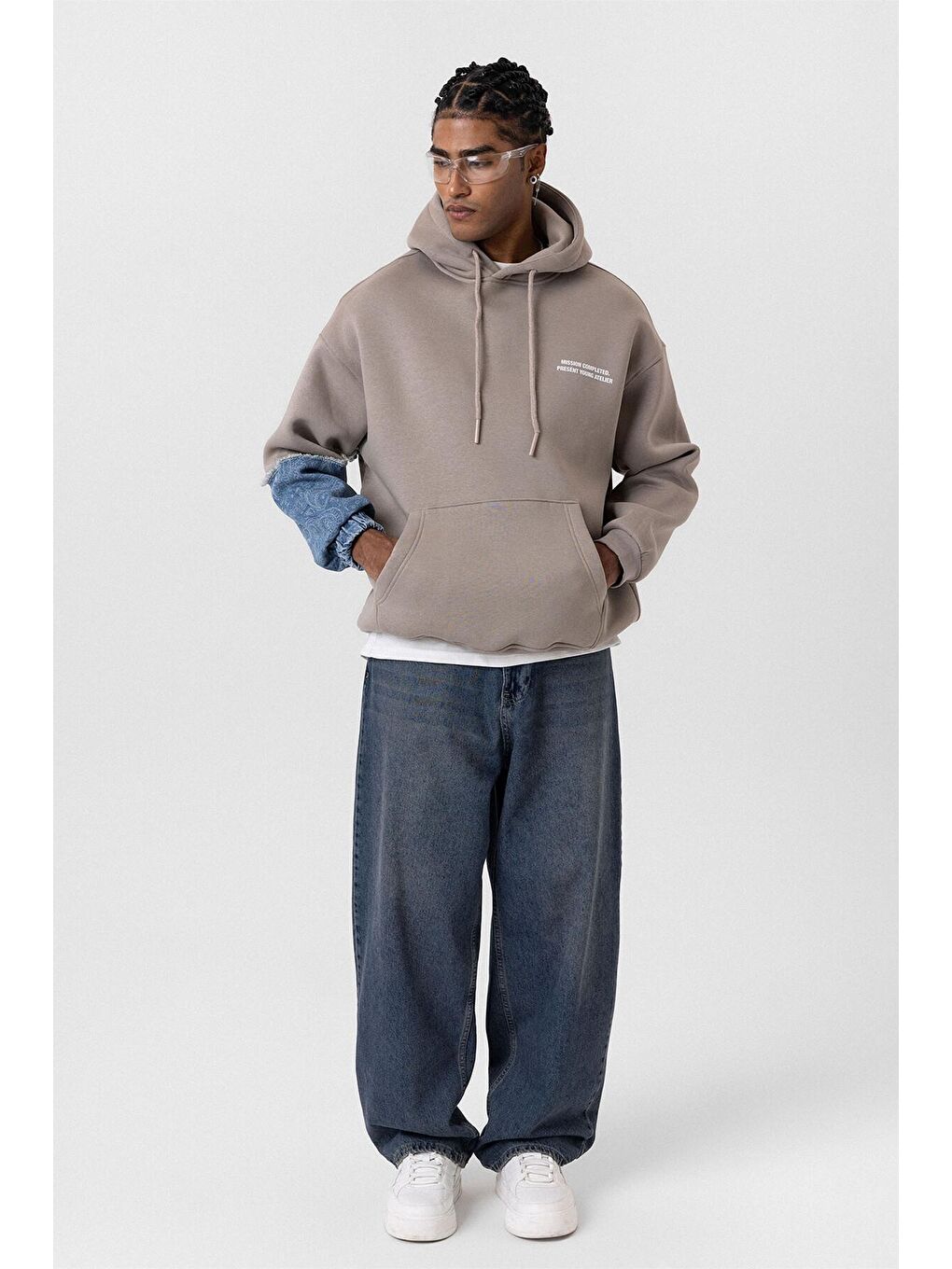 Bej Kapüşonlu Kol Detaylı Oversize Erkek Hoodie Vizon-5