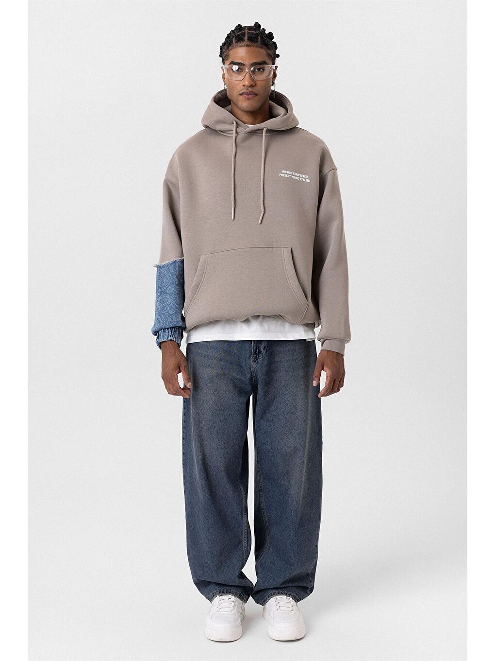 Bej Kapüşonlu Kol Detaylı Oversize Erkek Hoodie Vizon-6