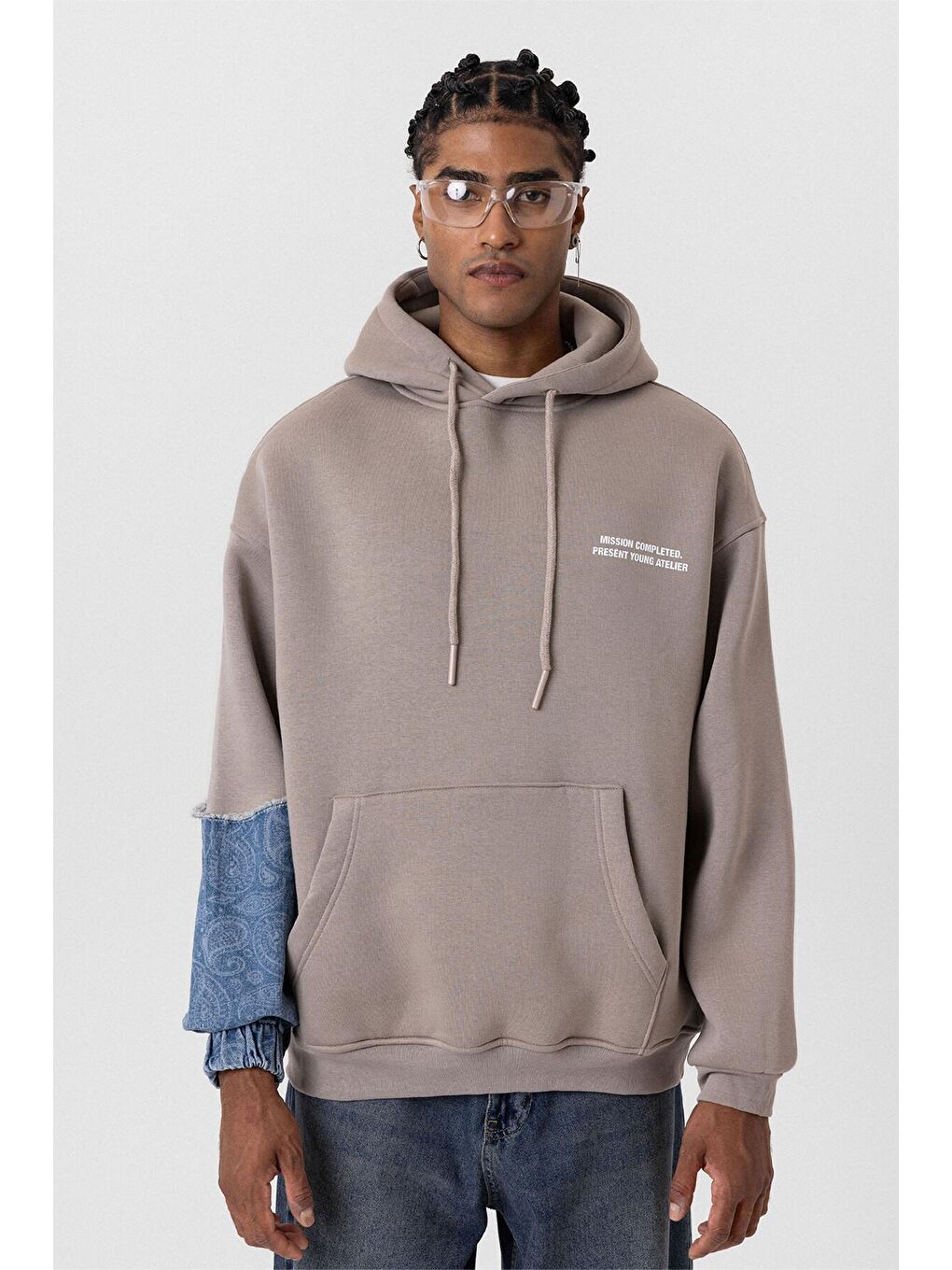 Bej Kapüşonlu Kol Detaylı Oversize Erkek Hoodie Vizon-7