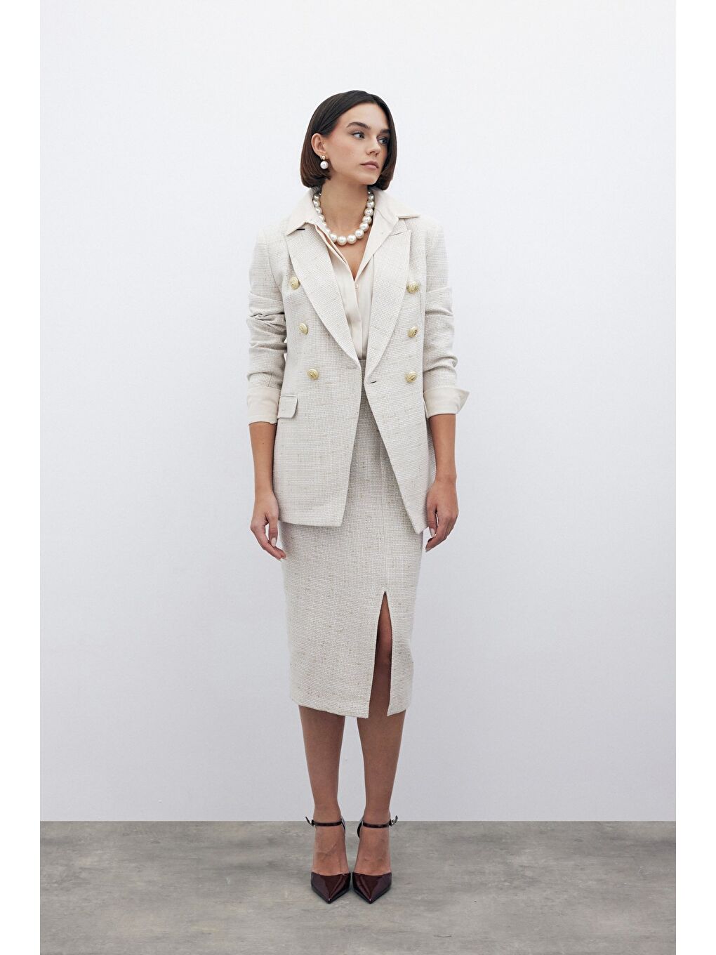 Simli Midi Boy Tüvit Etek - Bej-1