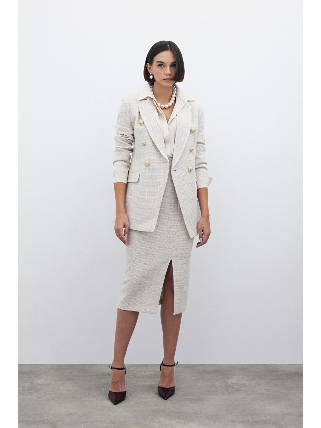 Simli Midi Boy Tüvit Etek - Bej-2