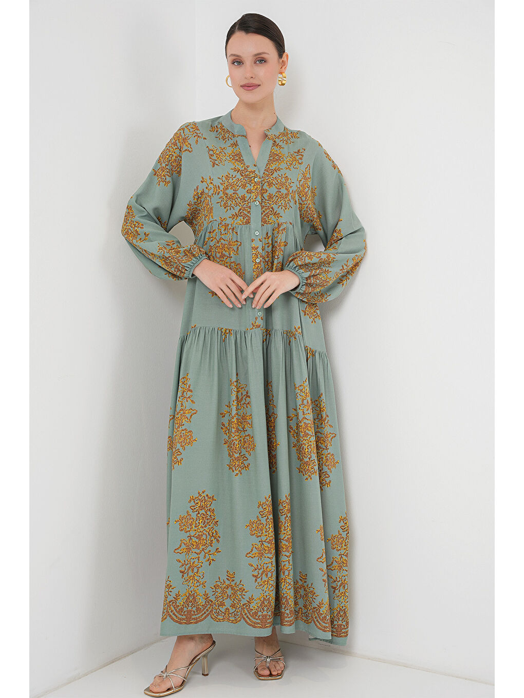 Sarı Mint Gold Desenli Tesettür Elbise 2423