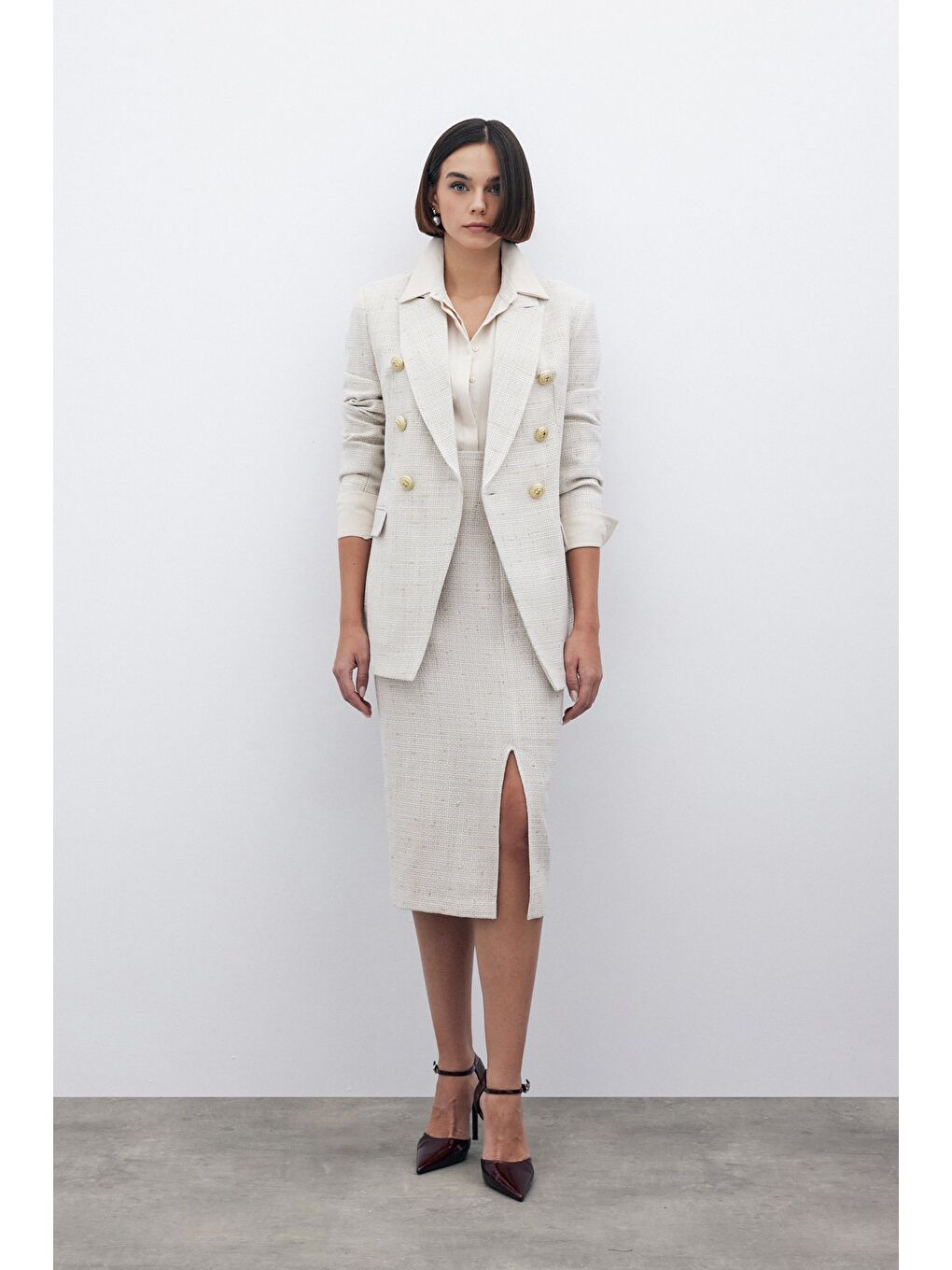 Simli Midi Boy Tüvit Etek - Bej-3