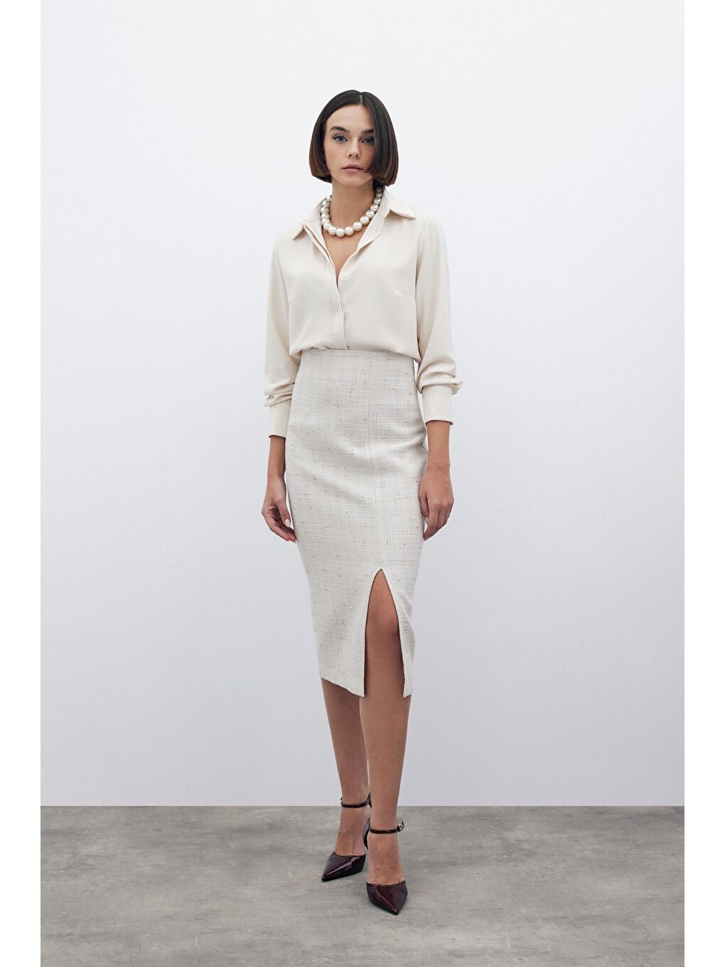 Simli Midi Boy Tüvit Etek - Bej-4