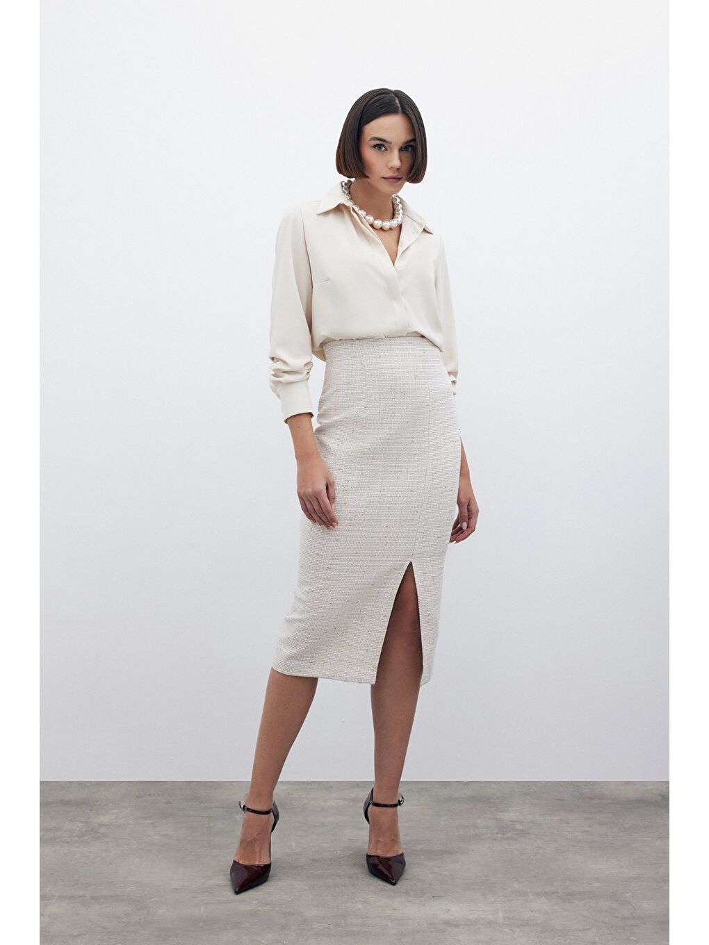 Simli Midi Boy Tüvit Etek - Bej-5