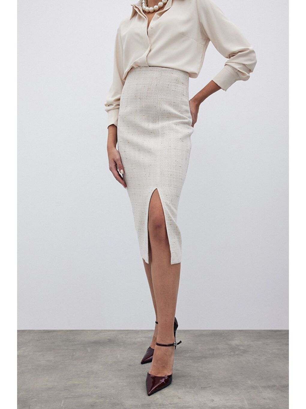 Simli Midi Boy Tüvit Etek - Bej-6