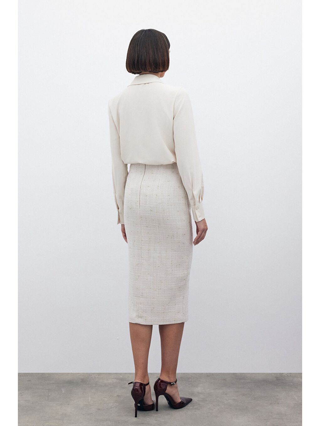 Simli Midi Boy Tüvit Etek - Bej-7