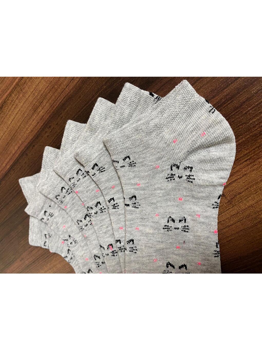 6'lı Kadın Gri Kedi Desenli Pamuklu Rahat Patik Çorap-1