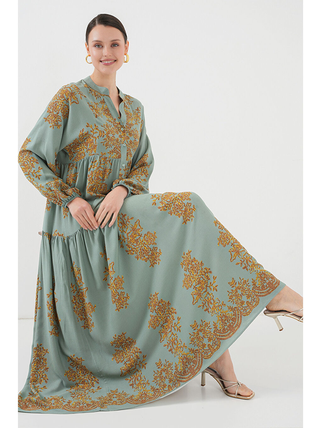 Sarı Mint Gold Desenli Tesettür Elbise 2423-1