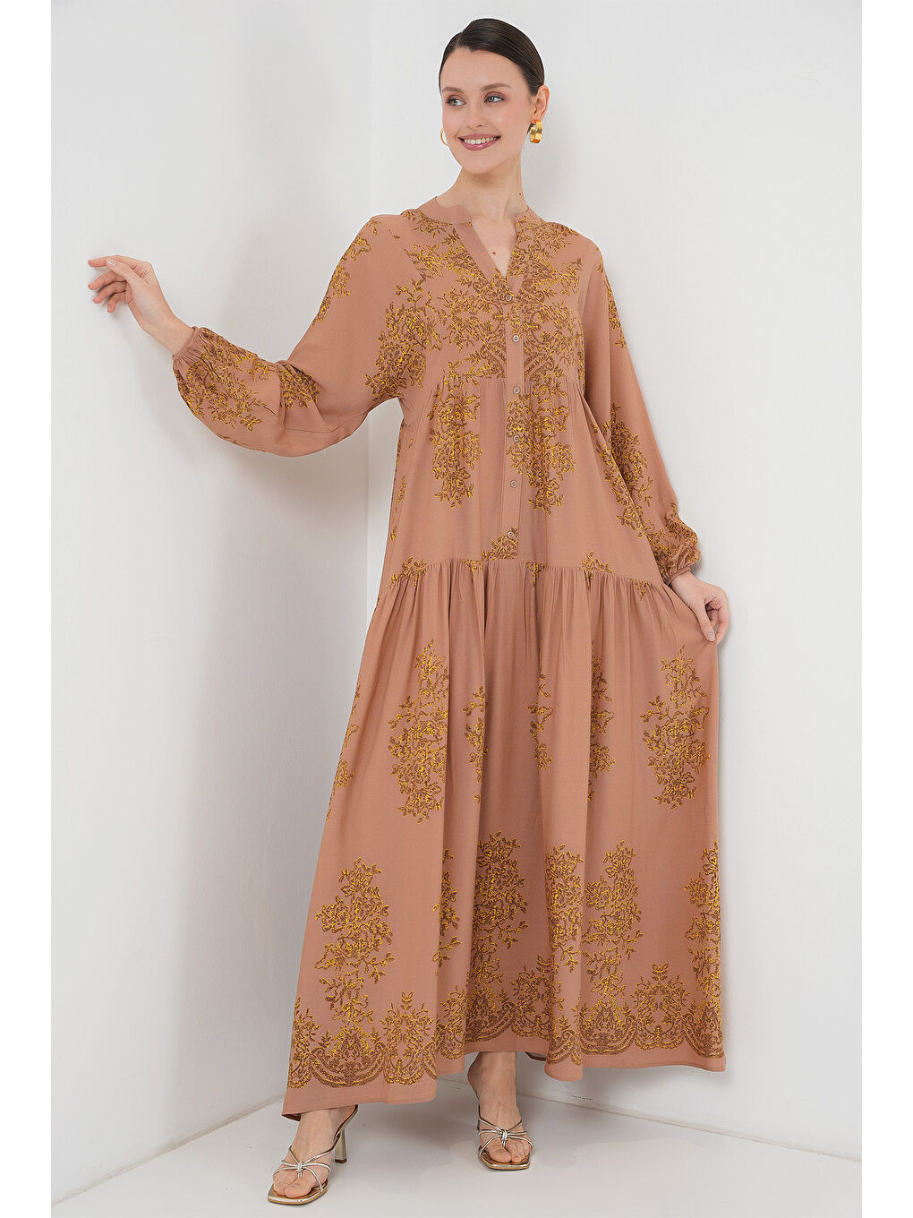 Kırmızı Vizon Gold Desenli Tesettür Elbise 2423