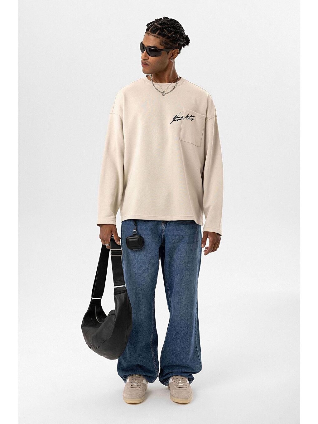 Bej Cep Detaylı Oversize Sweatshirt Taş-3