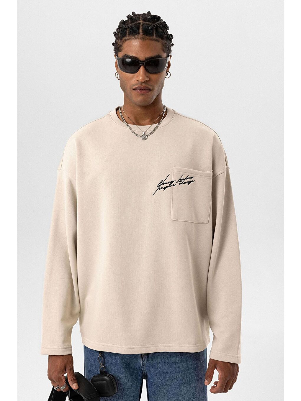 Bej Cep Detaylı Oversize Sweatshirt Taş-7