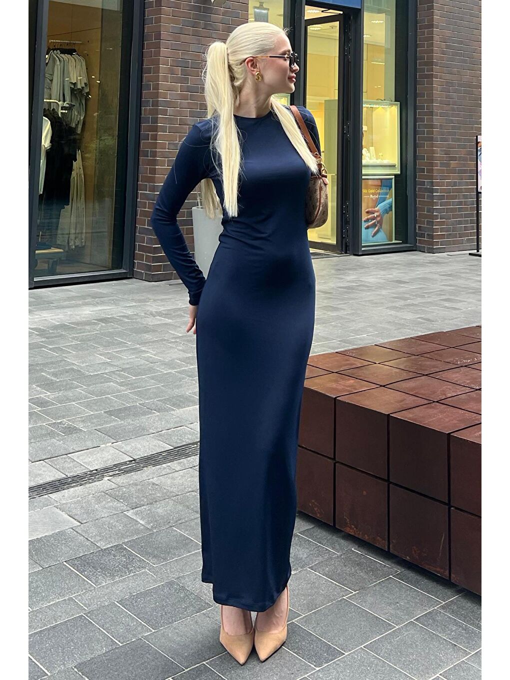 Lacivert Basic Yarım Balıkçı Uzun Kollu Elbise