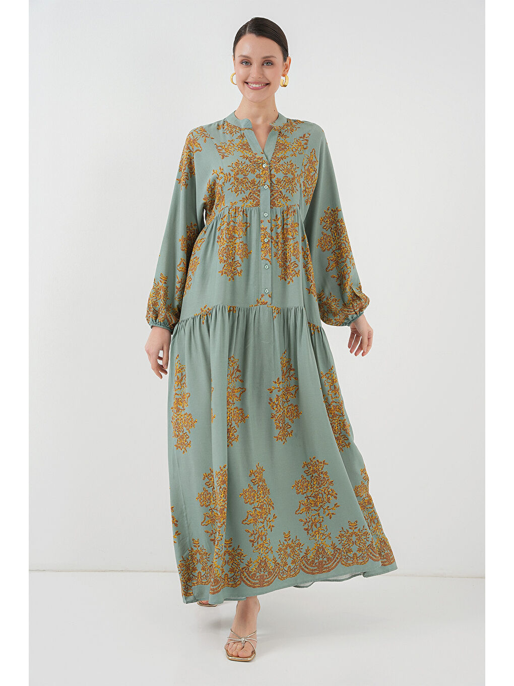 Sarı Mint Gold Desenli Tesettür Elbise 2423-3