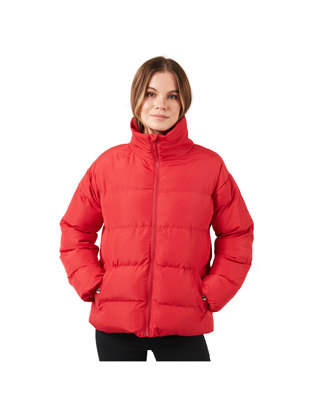 Kırmızı Dik Yaka Cepli Şişme Kısa Mont 6020045-6