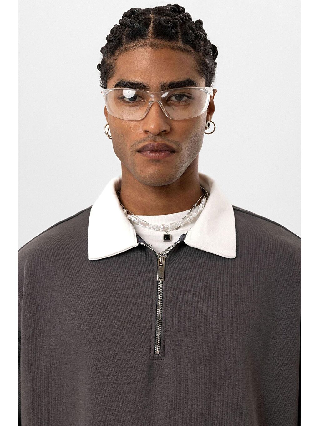 Gri Basic Polo Yaka Fermuar Detaylı Erkek Eşofman Altı-3