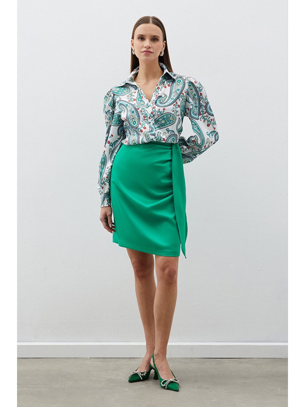 SATEEN Kuşaklı Mini Etek - Yeşil - 2