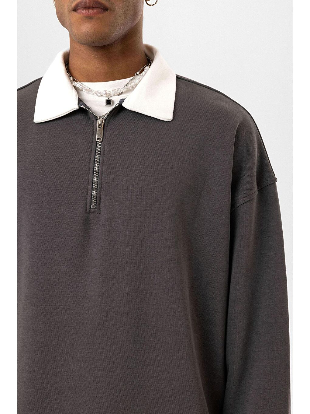 Gri Basic Polo Yaka Fermuar Detaylı Erkek Eşofman Altı-4