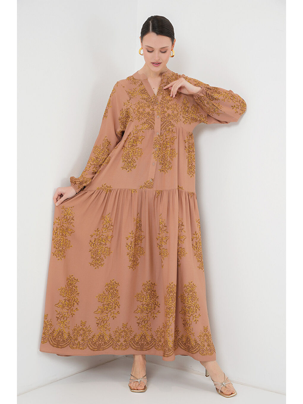 Kırmızı Vizon Gold Desenli Tesettür Elbise 2423-3