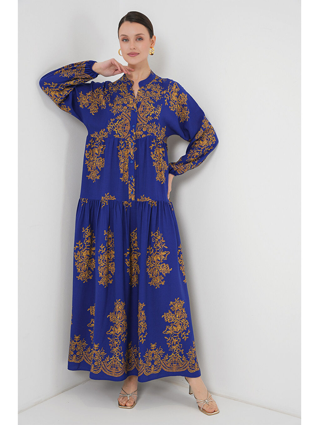 Mor Saks Gold Desenli Tesettür Elbise 2423