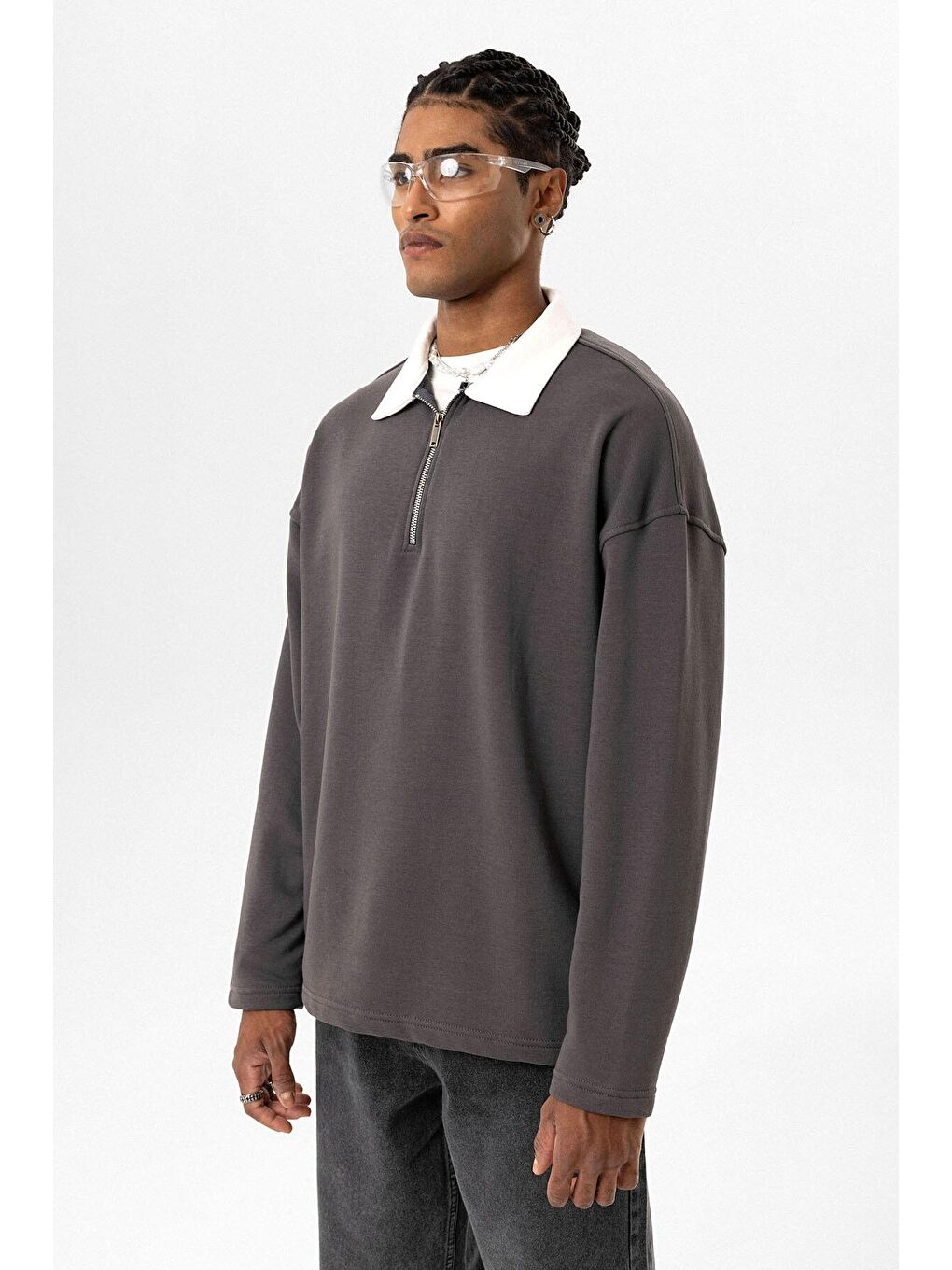 Gri Basic Polo Yaka Fermuar Detaylı Erkek Eşofman Altı-7