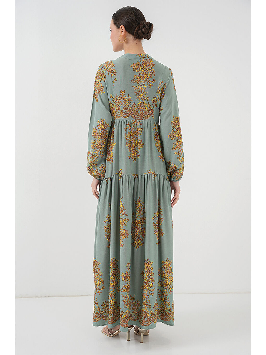 Sarı Mint Gold Desenli Tesettür Elbise 2423-5