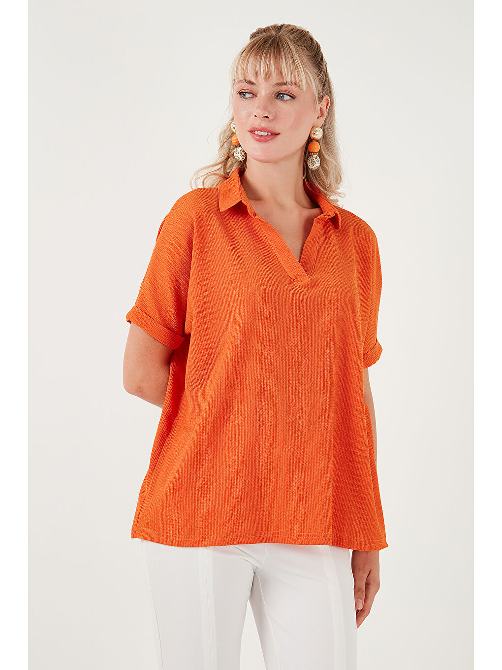 Turuncu Polo Yaka Kısa Kollu Relaxed Fit Bluz 66904862S4-5