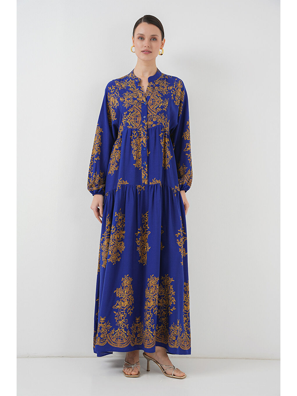 Mor Saks Gold Desenli Tesettür Elbise 2423-2