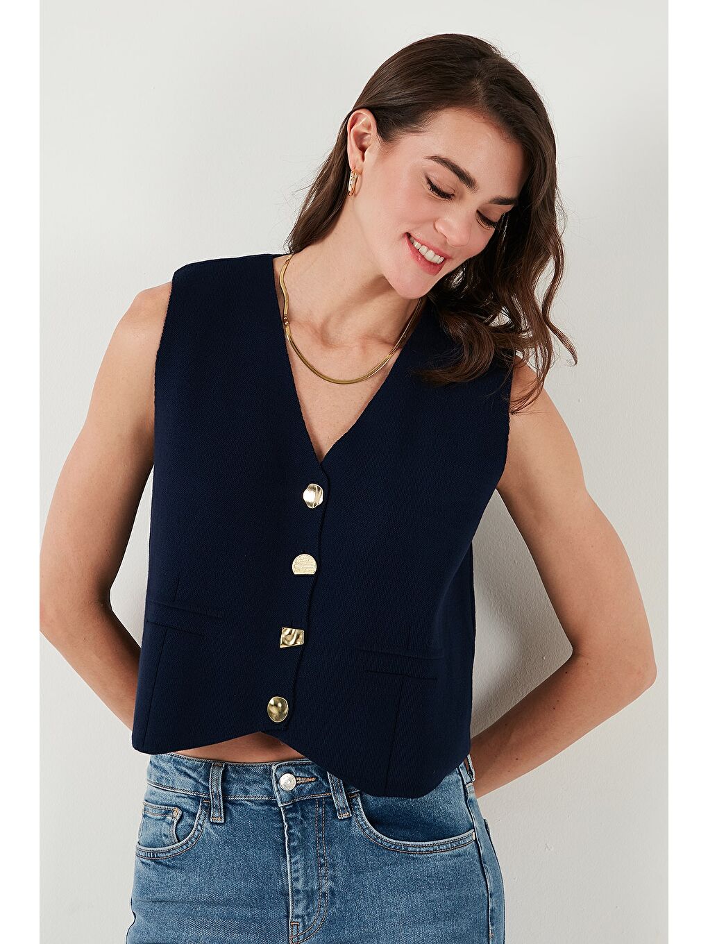 Lacivert V Yaka Düğmeli Triko Kadın Yelek 4616177-4