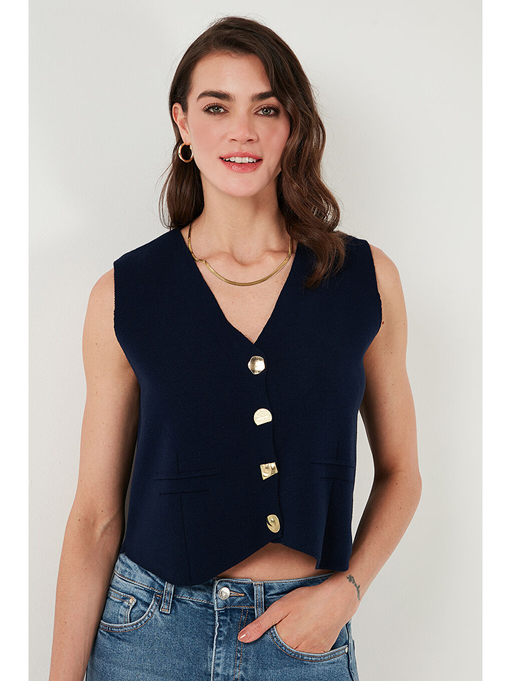 Lacivert V Yaka Düğmeli Triko Kadın Yelek 4616177-5