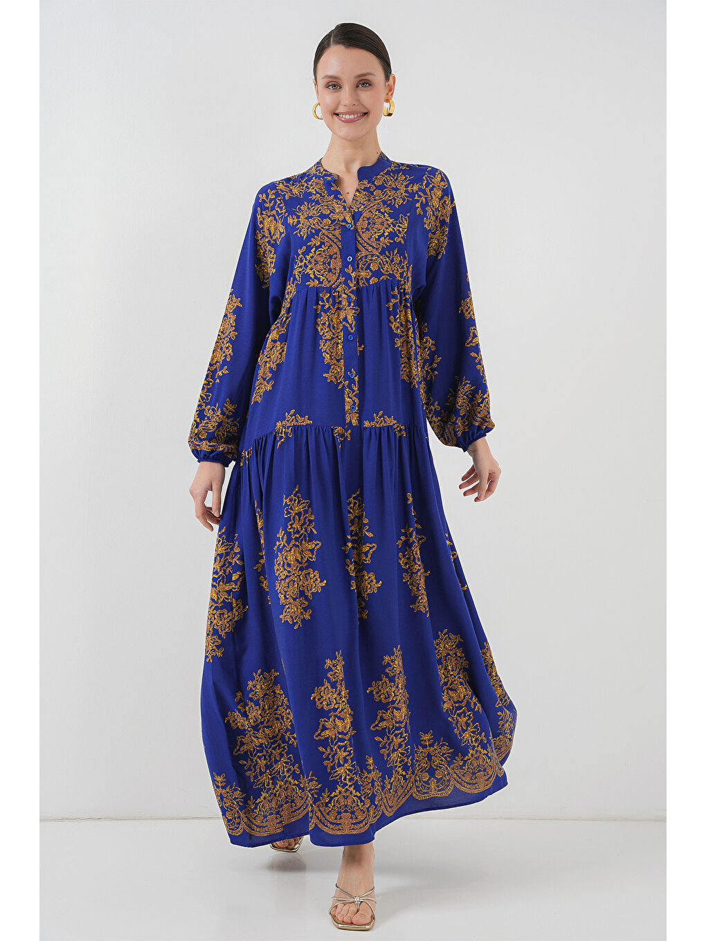 Mor Saks Gold Desenli Tesettür Elbise 2423-3