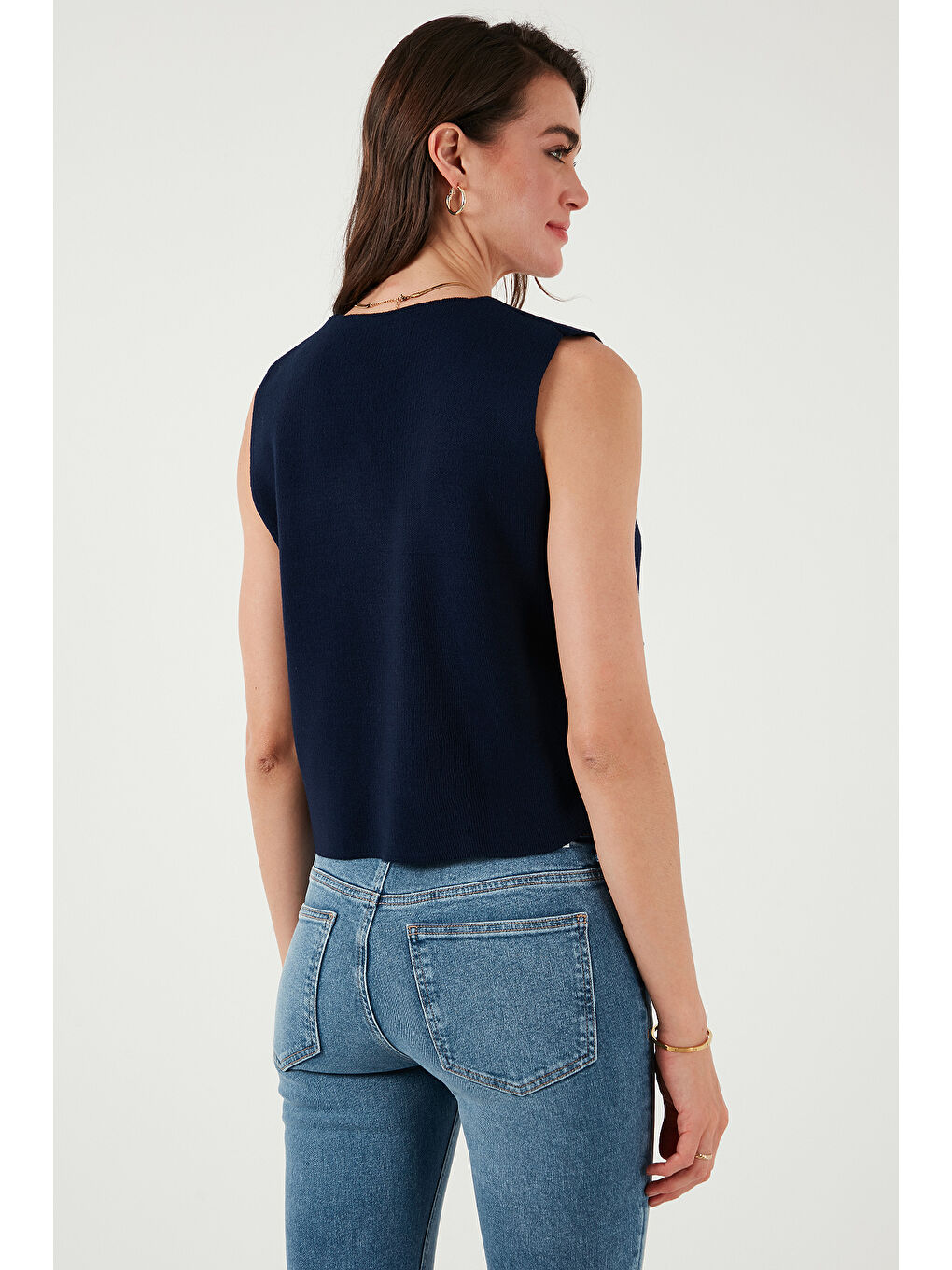 Lacivert V Yaka Düğmeli Triko Kadın Yelek 4616177-6